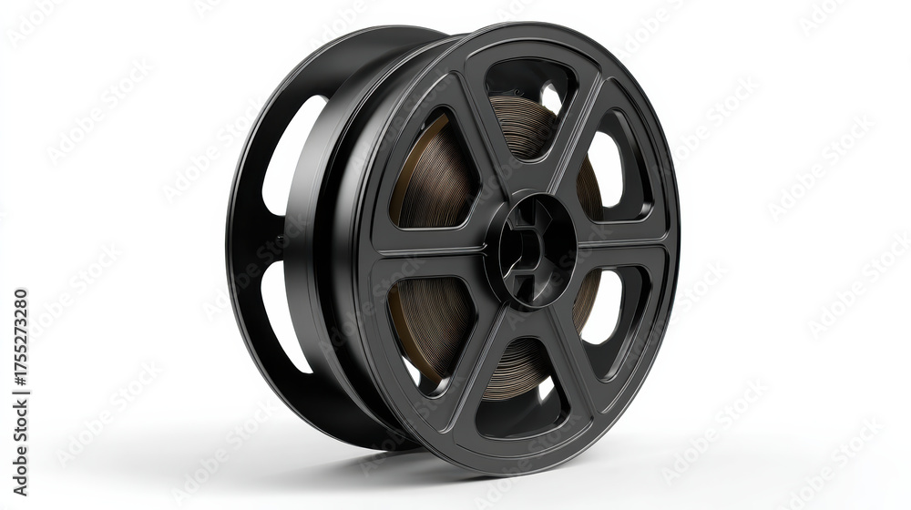 Obraz premium Nostalgic black vintage film reel for movie or cinema. This classic retro render object isolated on clean white background for filmmaking