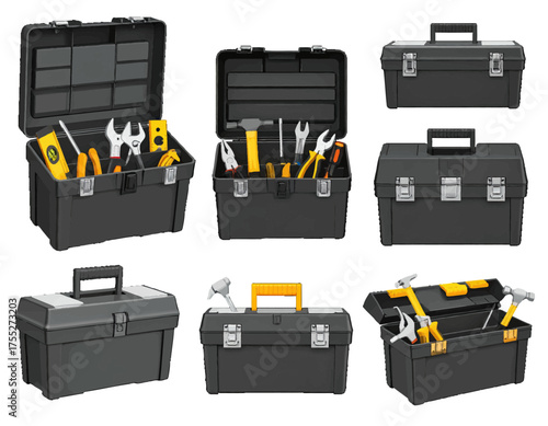 Seven cartoon illustrations showing various black toolboxes, some open with tools inside, against a white background