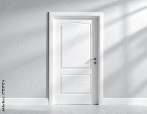 White door in a sunlit room, casting soft shadows on the floor.