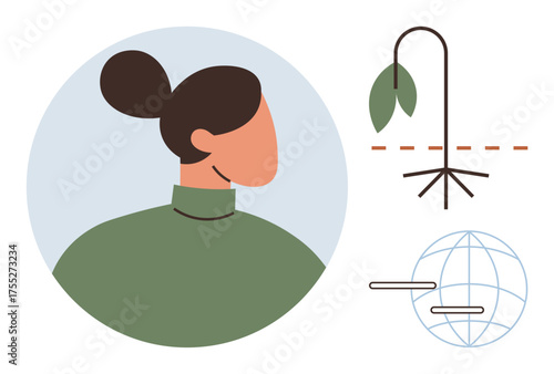 Female figure with bun hairstyle, drooping plant symbolizing struggle, and globe representing interconnected challenges. Ideal for personal growth, resilience, mindfulness, leadership
