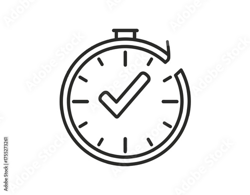 Vector illustration depicting a clock with a checkmark inside, incomplete circular arrow around
