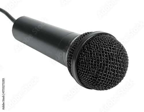 A black handheld microphone with a mesh head and attached cable, isolated on a white background