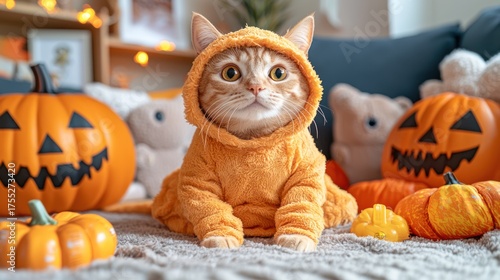 Fototapeta Naklejka Na Ścianę i Meble -  A cute tabby cat wearing an orange hooded outfit, surrounded by Halloween decorations
