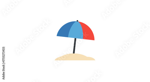 A simple illustration of a red and blue beach umbrella stuck in a small pile of sand, perfect for summer.