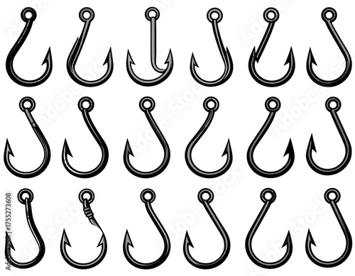 A collection of various stylized fishing implements on a white background