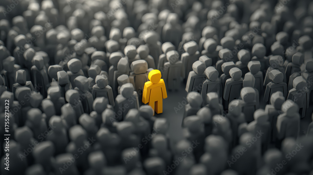 Obraz premium Unique yellow figure standing out from grey crowd. concept of brave individuality, difference, leadership, and being chosen