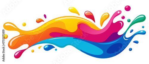 A vibrant, dynamic rainbow splash of paint or liquid forming an energetic wave of orange, yellow, pink, and blue. Perfect for designs needing creativity, fun, art, energy, or a lively color burst.