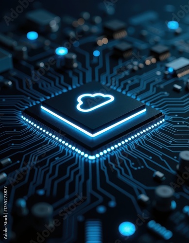 Wallpaper Mural AI processor chip integrated into a circuit board with glowing blue pathways and cloud symbol computer technology cpu microchip digital processor Torontodigital.ca