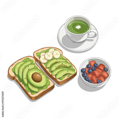 Illustration of avocado toast, fruit bowl, and green tea.