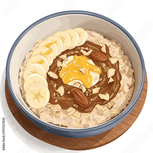 Oatmeal bowl with banana slices, nut butter, nuts, and honey.