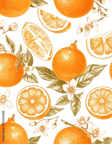 Wallpaper Mural Vibrant Orange Citrus Pattern - A Fresh and Zesty Botanical Illustration. Torontodigital.ca