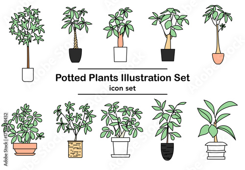 室内で育つ観葉植物をモチーフにした鉢植えアイコンのイラストセット｜自然なグリーンカラーと手描き風の線でナチュラルな雰囲気を表現しカフェやリビングの装飾やエコデザインに最適なベクター素材