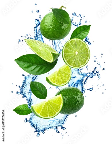 Wallpaper Mural Fresh Limes and Water Splash - A Vibrant Citrus Burst. Torontodigital.ca