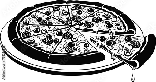 Pizza, monochrome vector illustration. Black silhouette of pizza with mushrooms, olives, pepper and cheese. EPS version.