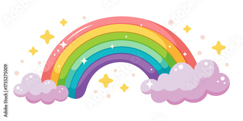 Vibrant, cartoon rainbow arching over fluffy pink clouds with sparkling stars. This cute, cheerful illustration is perfect for themes of childhood, celebration, LGBTQ+ Pride, positivity, magic