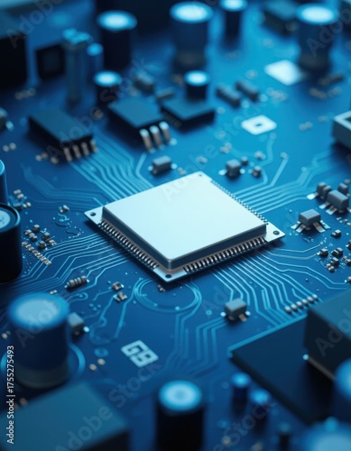 Wallpaper Mural D render of a light blue circuit board with a blank white central chip computer technology cpu microchip digital processor Torontodigital.ca