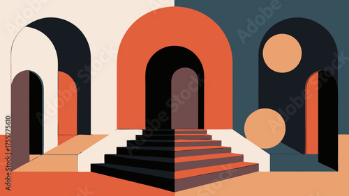 An abstract geometric design featuring arches, steps, and circles in a striking color palette of terracotta, navy blue, and beige, creating a modern architectural scene.