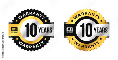 Premium 10 years warranty badge vector with black, gold and silver colors. Perfect for product guarantee, quality assurance, label, or certification design
