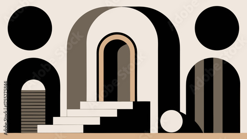 An abstract, minimalist illustration with geometric shapes like arches, circles, and stripes in neutral colors (beige, black, brown, white), suggesting modern architecture or a scene.