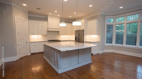 Wallpaper Mural Modern kitchen interior with elegant design featuring large island, white cabinets, and ample natural light from windows in a luxury home setting Torontodigital.ca