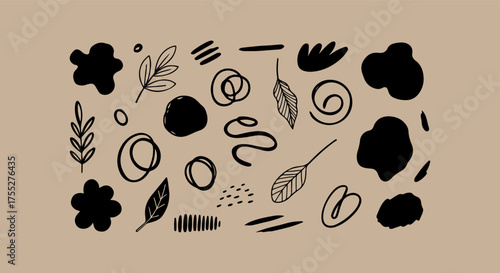 Abstract organic shapes and botanical elements hand drawn on kraft paper
