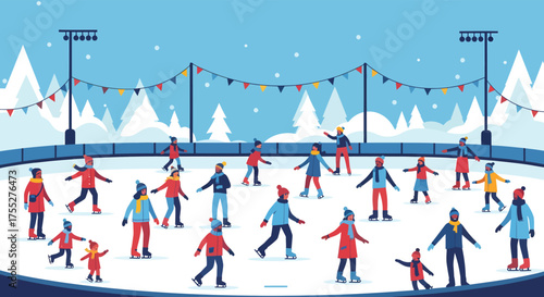 Ice Skating Fun Winter Wonderland Scene with People, Festive Decorations, and Snow
