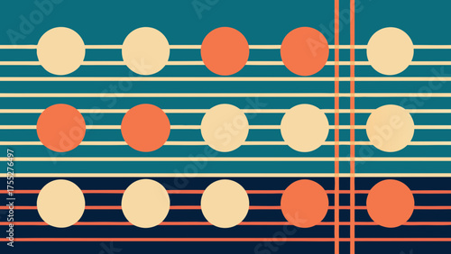 An abstract geometric pattern with two rows of alternating beige and orange circles laid over horizontal and vertical teal and navy stripes, creating a retro feel.
