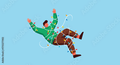 Man Tangled in Christmas Lights, Holiday Mishap, Illustration