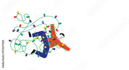 Man tangled in christmas lights struggles on the floor, depicting the chaotic and stressful side of holiday preparations.