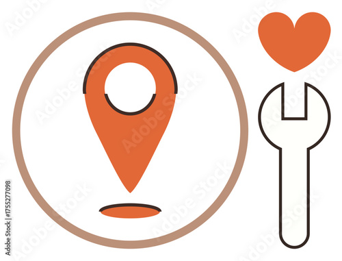 Location pin enclosed in circle beside heart topping wrench. Ideal for repair, service, support, care, maintenance, geolocation, or assistance concepts. Simple flat metaphor