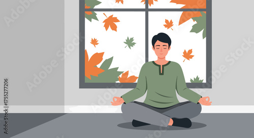Man meditating in lotus position indoors near window with falling leaves, finding peace and mindfulness in autumn season.