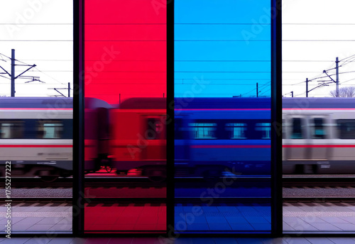 Train in Motion Behind Tinted Glass Panels – Urban Color Study