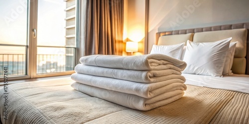 Freshly laundered towels neatly folded and placed on a bed in a cozy hotel room with a window view