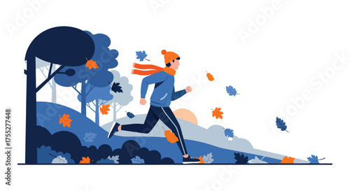 Man jogging through park on crisp autumn day with falling leaves, enjoying the fresh air and vibrant colors of the season.