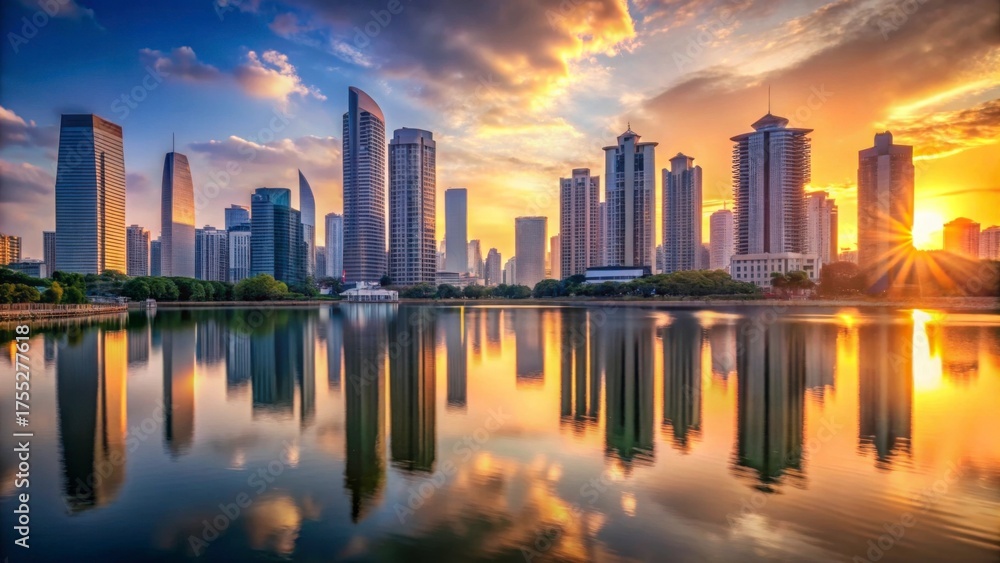 Fototapeta premium Elegant cityscape at sunset with modern skyscrapers and a calm lake in the foreground, cityscape