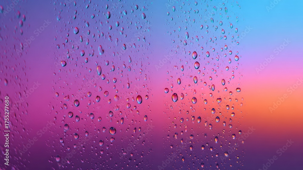 Obraz premium Close-Up View of Raindrops on Glass with Multicolored Gradient Background in Shades of Blue, Pink, and Purple Creating a Dreamy Atmosphere