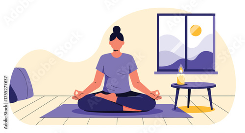 Woman meditating in lotus position on yoga mat in cozy room with candle and window, promoting mindfulness and relaxation at home.