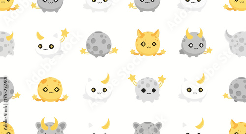Seamless pattern of cartoon characters with star and moon elements