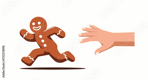 Gingerbread man runs away from a chasing hand on a white surface, creating a playful and humorous scene, perfect for holidaythemed content.