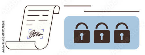Signed document and three padlocks representing encryption, data privacy, and secure file sharing. Ideal for data protection, cybersecurity, digital contracts, agreements, compliance, safety