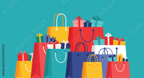 Colorful shopping bags and gift boxes stacked high, suggesting a successful shopping spree and the joy of giving presents, creating a festive and cheerful atmosphere.