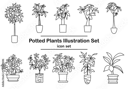 室内の観葉植物を線画で描いた鉢植えアイコンセット｜モノクロのシンプルな線と余白を生かしたミニマルなデザインが特徴のベクター素材
