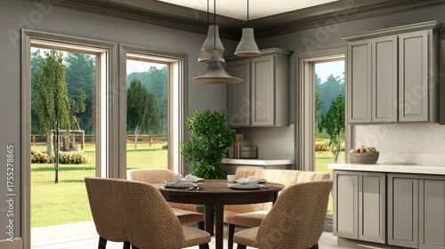 Modern kitchen design featuring a cozy dining area with elegant furnishings, natural light, green views, and a warm atmosphere for family gatherings