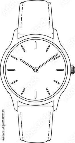 Minimalist line art drawing of a classic analog wristwatch with a leather strap
