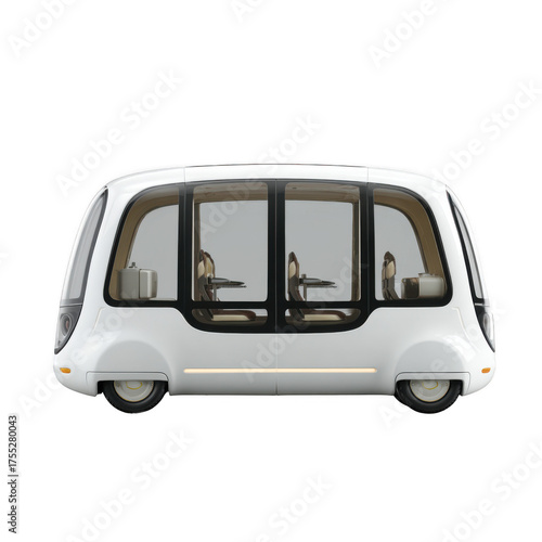 Minimalist autonomous vehicle with a rounded body and a single row of seats [Transparent Background PNG].