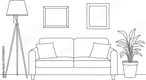 Minimalist line art drawing of a modern living room sofa with plants and artwork