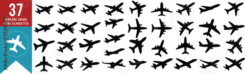 Collection of diverse airplane silhouettes in various poses and types isolated on transparent background
