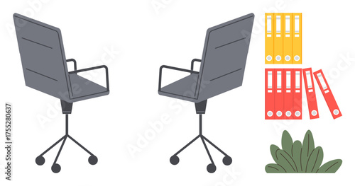 Two grey office chairs on caster wheels, vibrant colored document folders neatly stacked, and lush green indoor plant. Ideal for office setup, collaboration, organization, productivity, interior