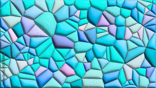 青とエメラルドグリーンの多角形が織りなす抽象的なモザイク背景｜Abstract Mosaic Background of Blue and Emerald Green Polygons