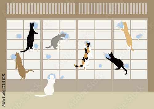 Wallpaper Mural 障子を破って遊ぶ7匹の猫 Torontodigital.ca